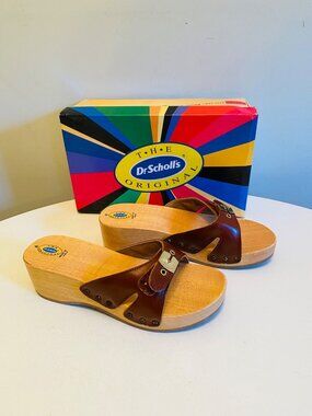 Dr Scholls Women Size 8 M Wood Exercise Clog Sandal Brown Leather Slide Shoe New